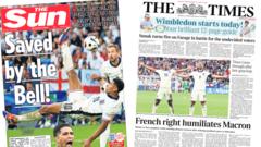 newspaper-headlines:-'french-right-humiliates-macron'-and-england-'saved-by-the-bell'